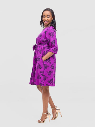 Vivo Laika 3/4 Sleeve Tent Dress - Purple / Black Tuni Print - Shopzetu