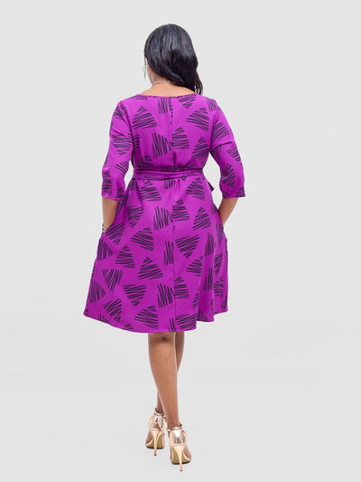 Vivo Laika 3/4 Sleeve Tent Dress - Purple / Black Tuni Print - Shopzetu