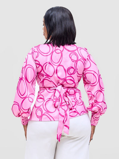Vivo Merika Satin Wrap Top - Rose Pink / Fuschia Nito Print - Shopzetu