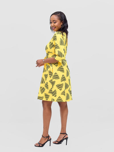 Vivo Laika 3/4 Sleeve Tent Dress - Mustard / Black Tuni Print - Shopzetu