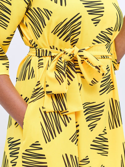 Vivo Laika 3/4 Sleeve Tent Dress - Mustard / Black Tuni Print - Shopzetu