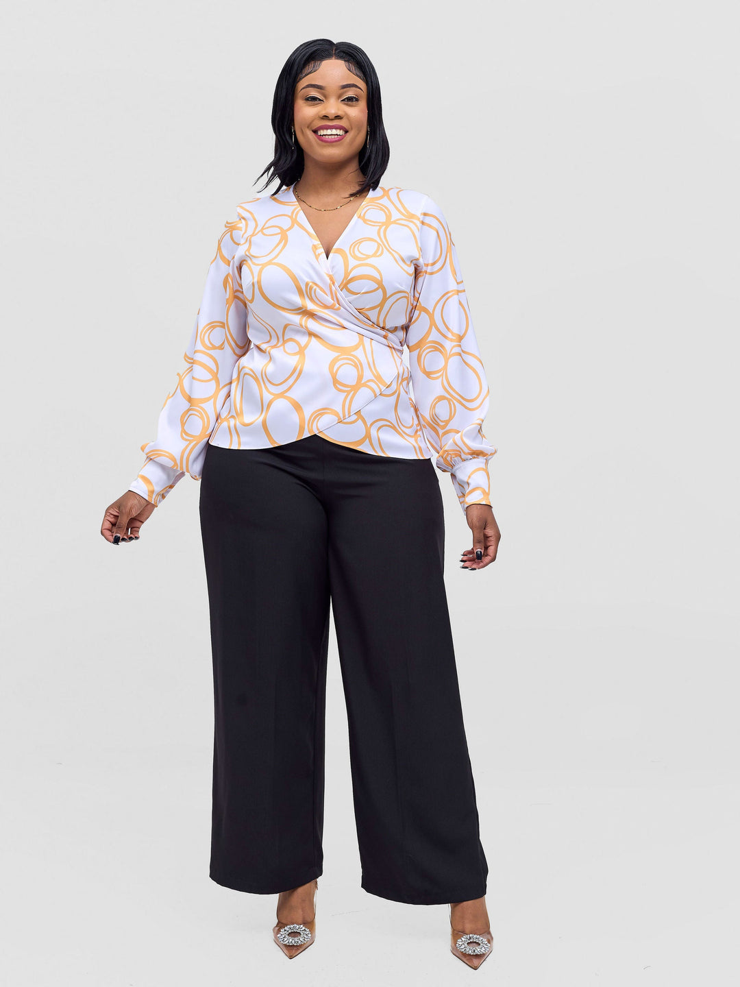 Vivo Merika Satin Wrap Top - White / Mustard Nito Print