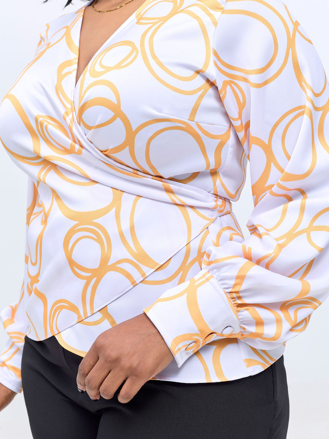 Vivo Merika Satin Wrap Top - White / Mustard Nito Print