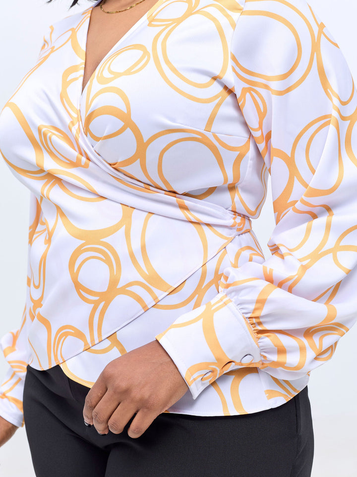 Vivo Merika Satin Wrap Top - White / Mustard Nito Print