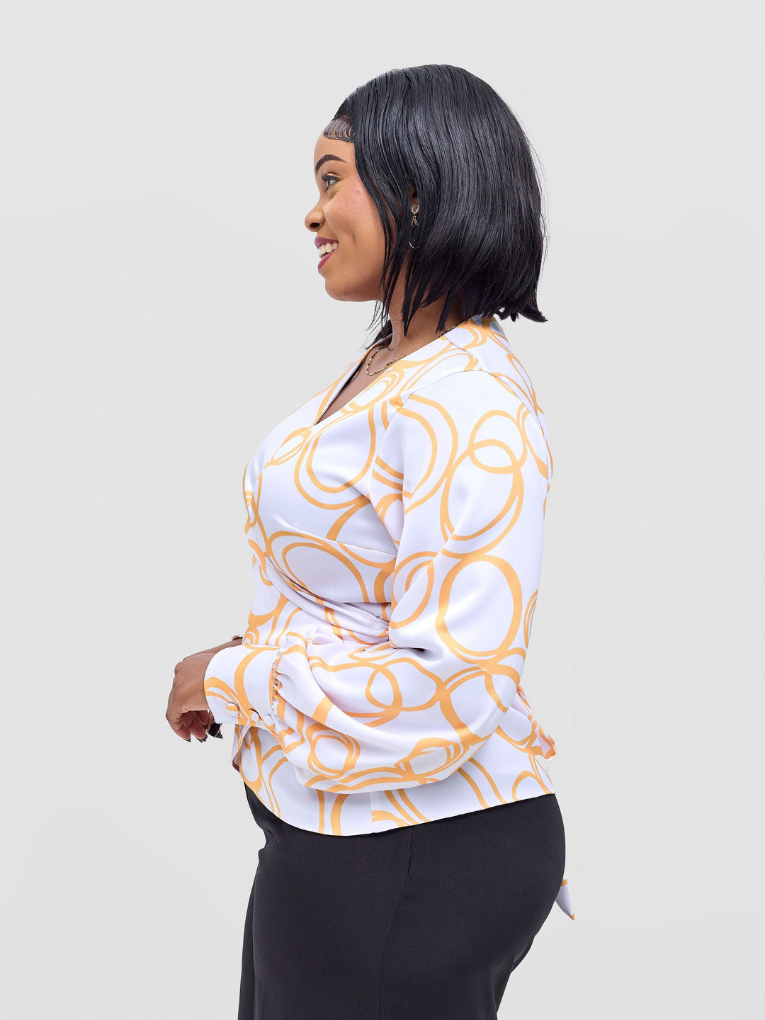 Vivo Merika Satin Wrap Top - White / Mustard Nito Print