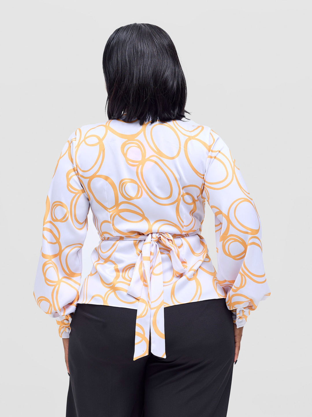 Vivo Merika Satin Wrap Top - White / Mustard Nito Print