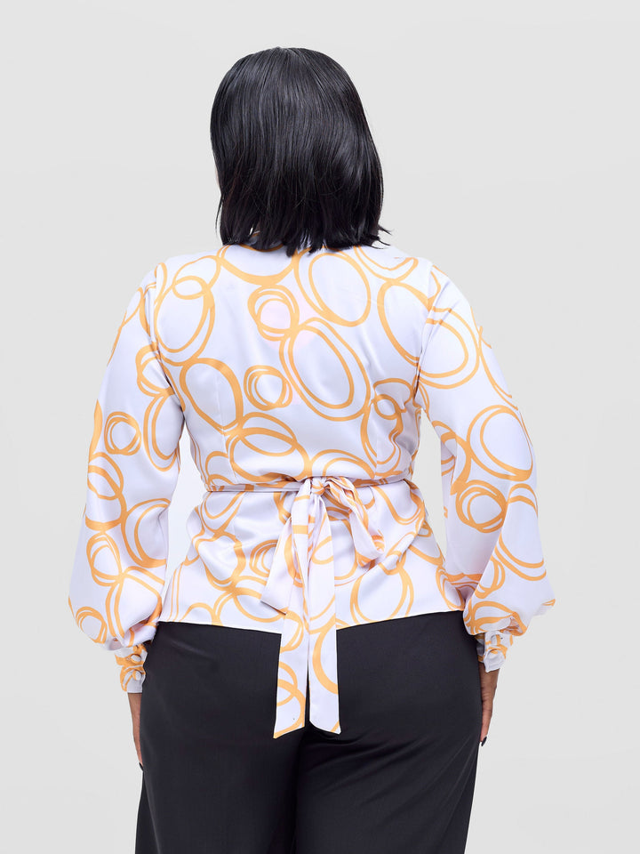 Vivo Merika Satin Wrap Top - White / Mustard Nito Print