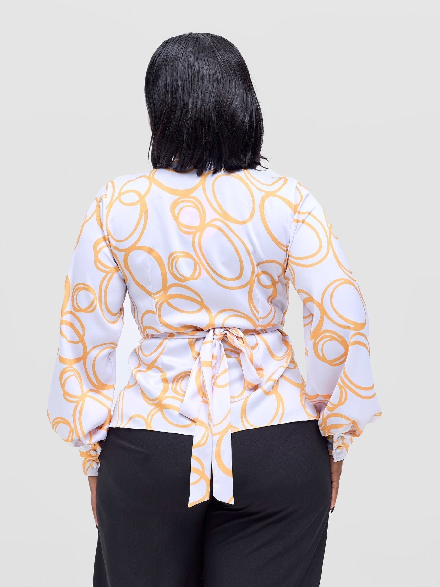 Vivo Merika Satin Wrap Top - White / Mustard Nito Print - Shopzetu