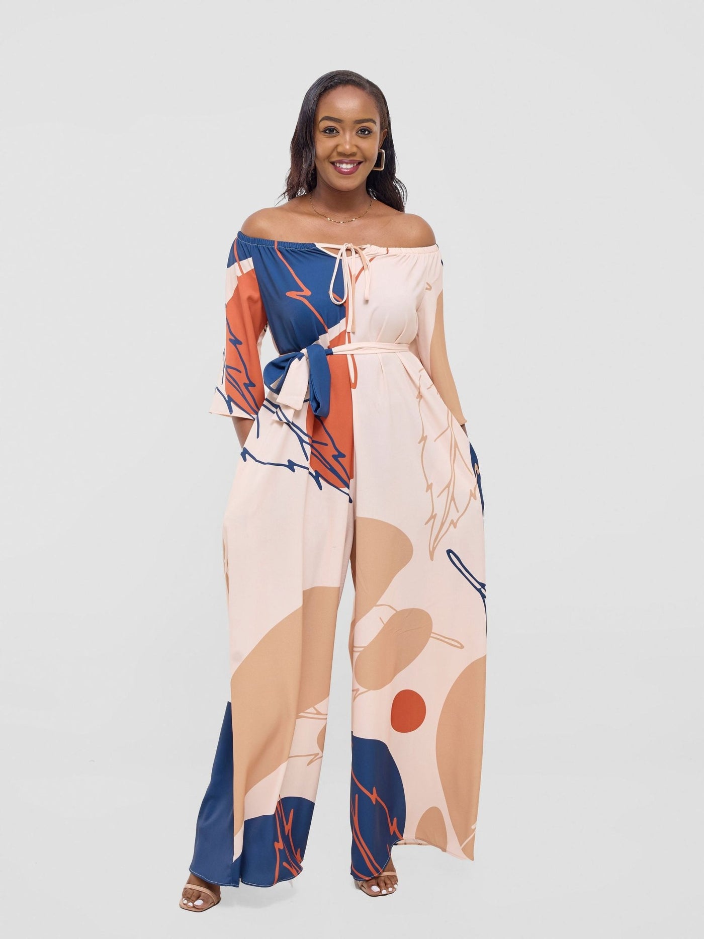 Vivo Zahari 3/4 Sleeve Off - Shoulder Jumpsuit - Orange / Teal Bali Print - Shopzetu