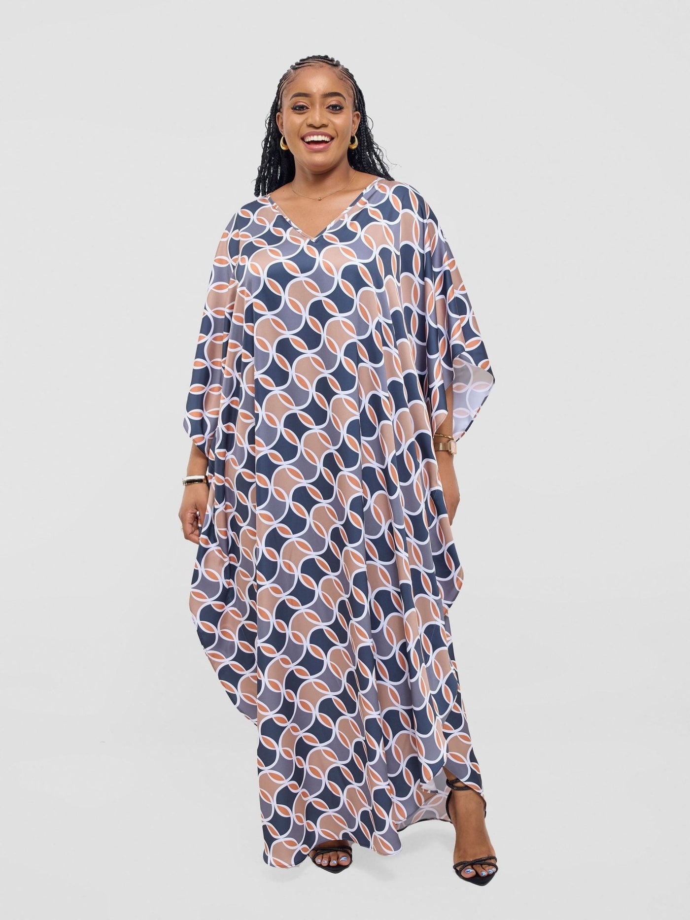 Vivo Amai Maxi Kaftan Dress - Grey / Taupe Emi Print - Shopzetu