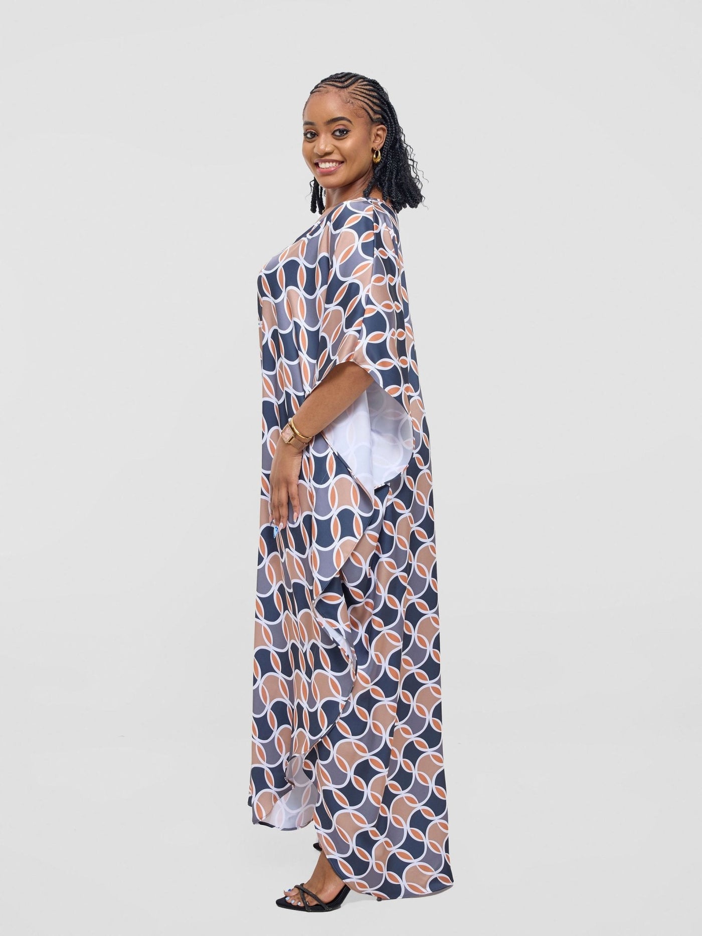 Vivo Amai Maxi Kaftan Dress - Grey / Taupe Emi Print - Shopzetu