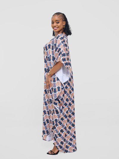 Vivo Amai Maxi Kaftan Dress - Grey / Taupe Emi Print - Shopzetu