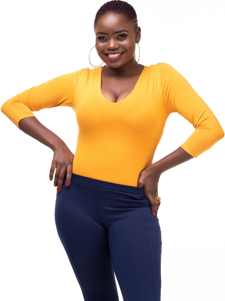 Vivo Basic 3/4 Sleeved Double Layered Bodysuit in Jersey - Mustard