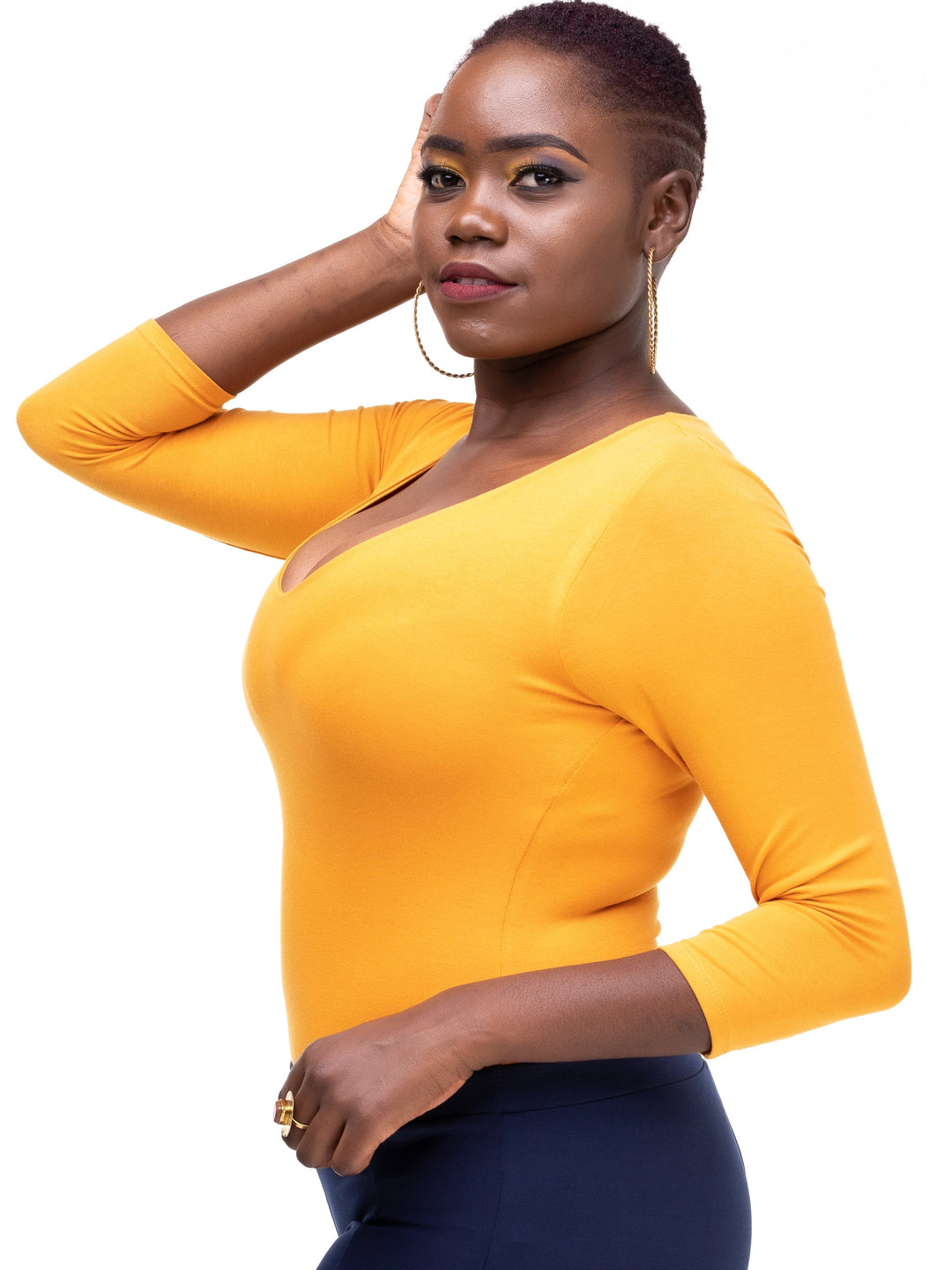 Vivo Basic 3/4 Sleeved Double Layered Bodysuit in Jersey - Mustard