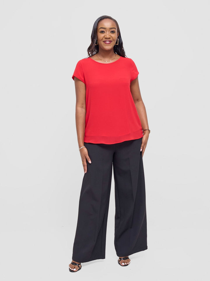 Vivo Basic Chiffon Cap Sleeve Top (Double Layered) - Red - Shopzetu