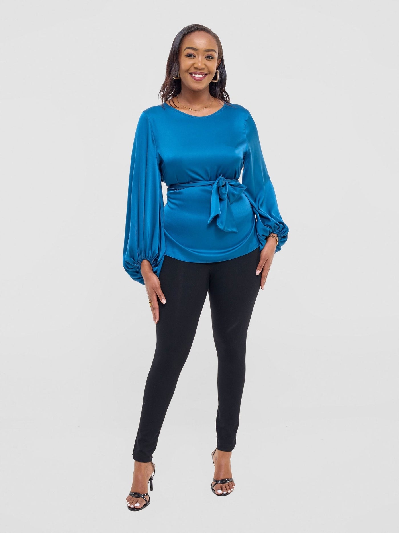 Vivo Izzy Satin Bishop Sleeve Top - Dark Teal - Shopzetu