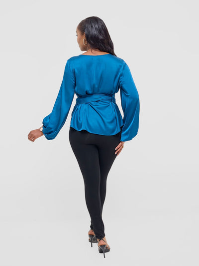 Vivo Izzy Satin Bishop Sleeve Top - Dark Teal - Shopzetu