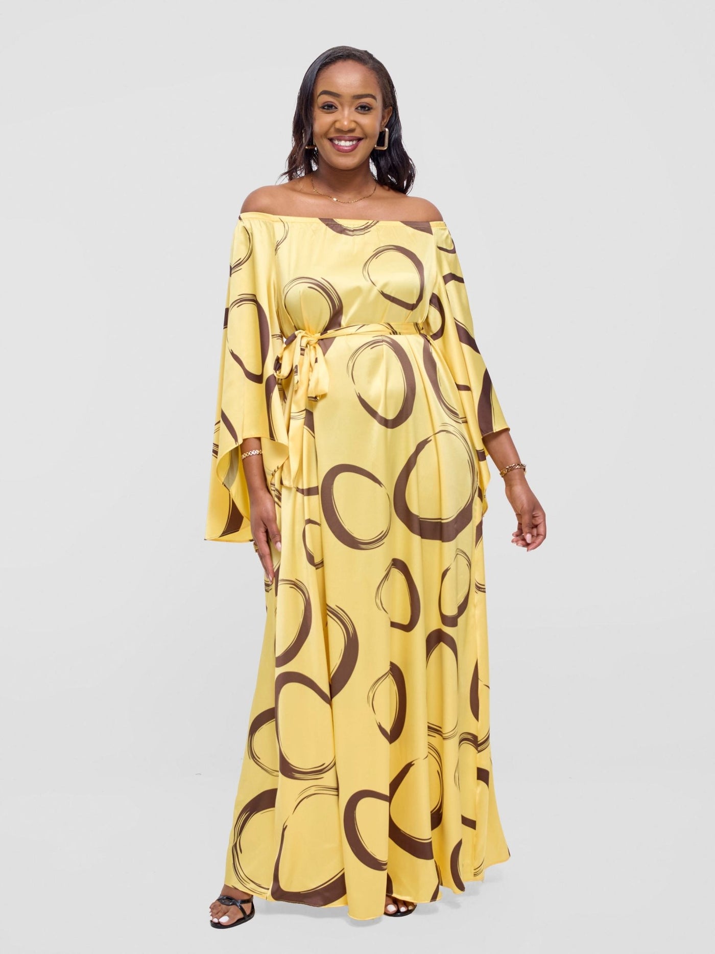Vivo Chidii Off Shoulder Maxi Dress - Light Yellow / Dark Brown Rema Print - Shopzetu