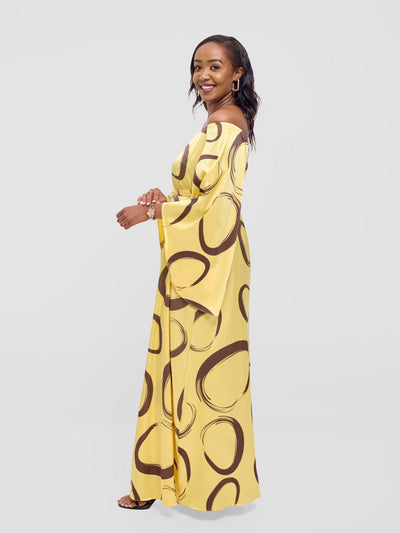 Vivo Chidii Off Shoulder Maxi Dress - Light Yellow / Dark Brown Rema Print - Shopzetu