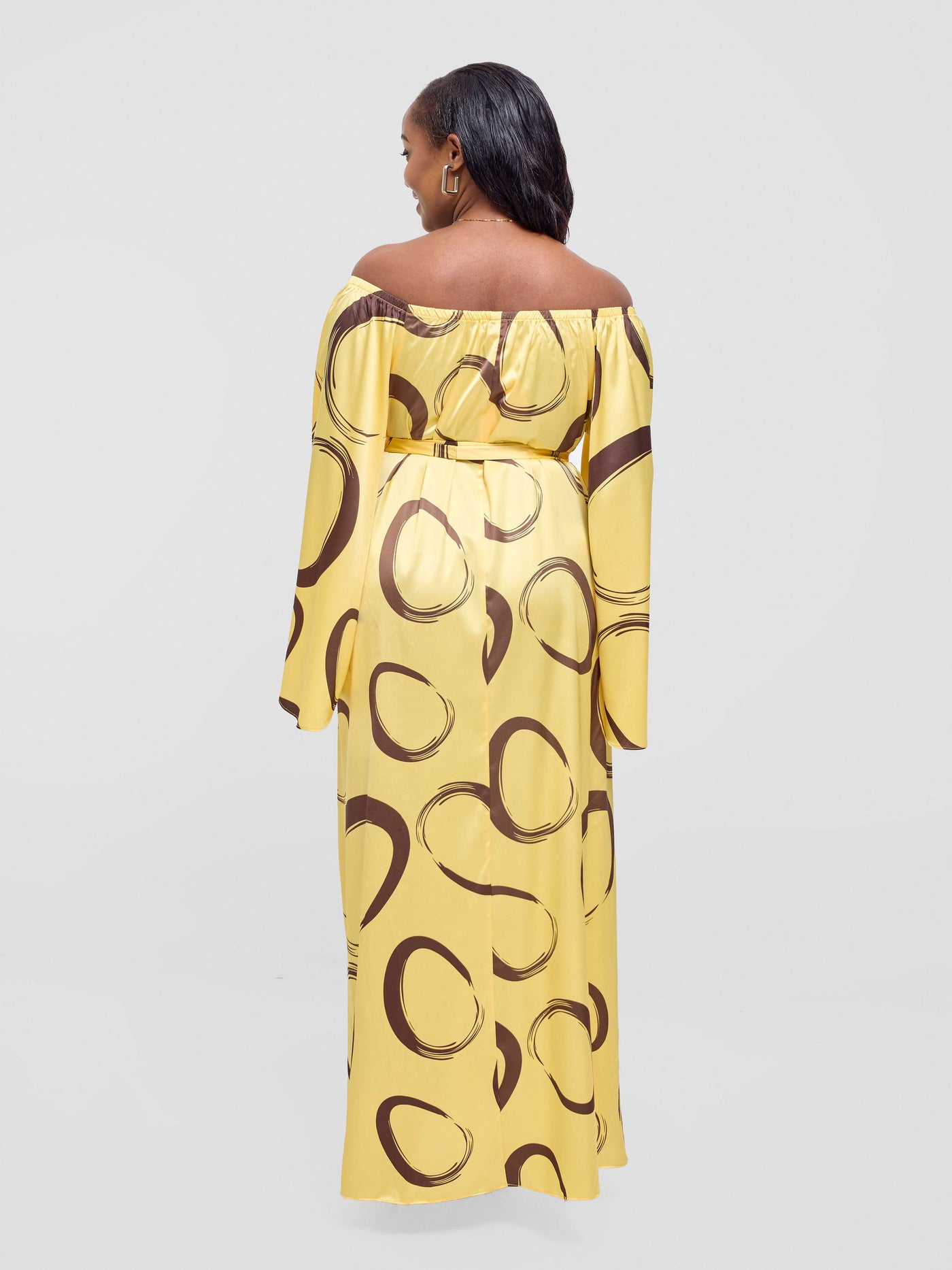 Vivo Chidii Off Shoulder Maxi Dress -Light Yellow / Dark Brown Rema Print