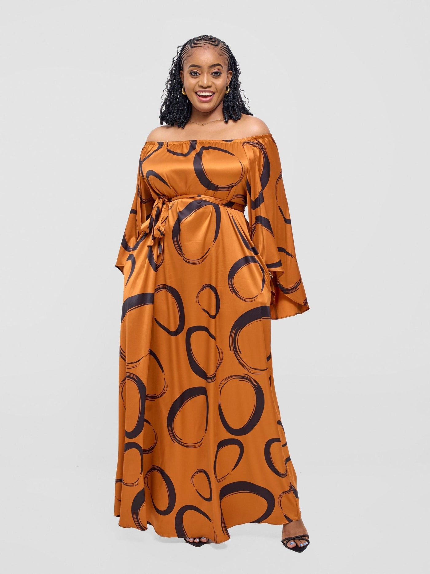 Vivo Chidii Off Shoulder Maxi Dress - Rust / Black Rema Print - Shopzetu