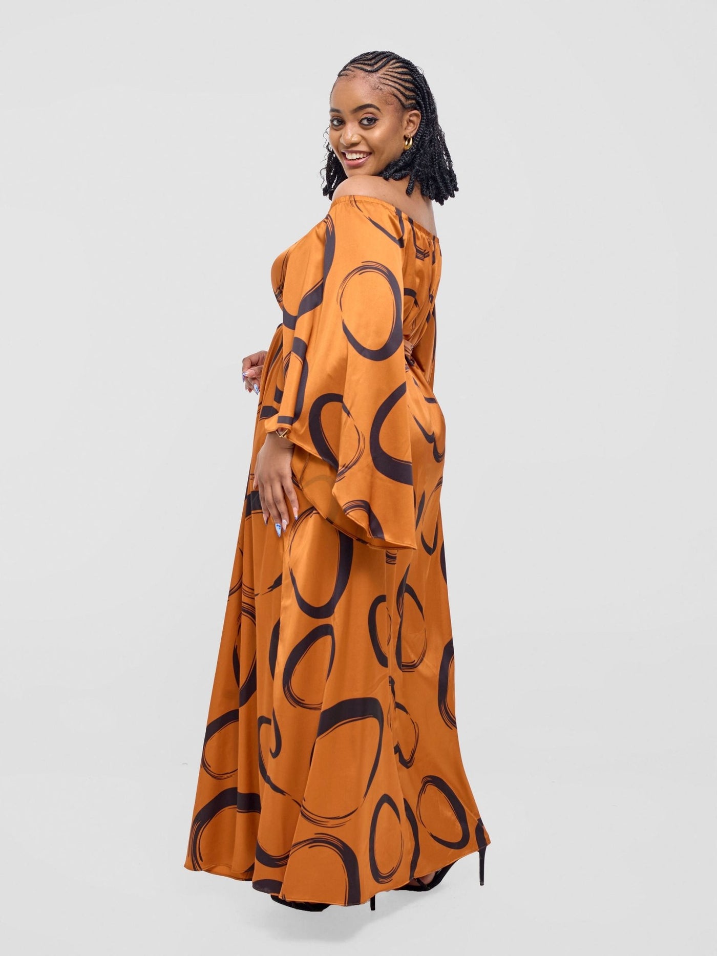 Vivo Chidii Off Shoulder Maxi Dress - Rust / Black Rema Print - Shopzetu