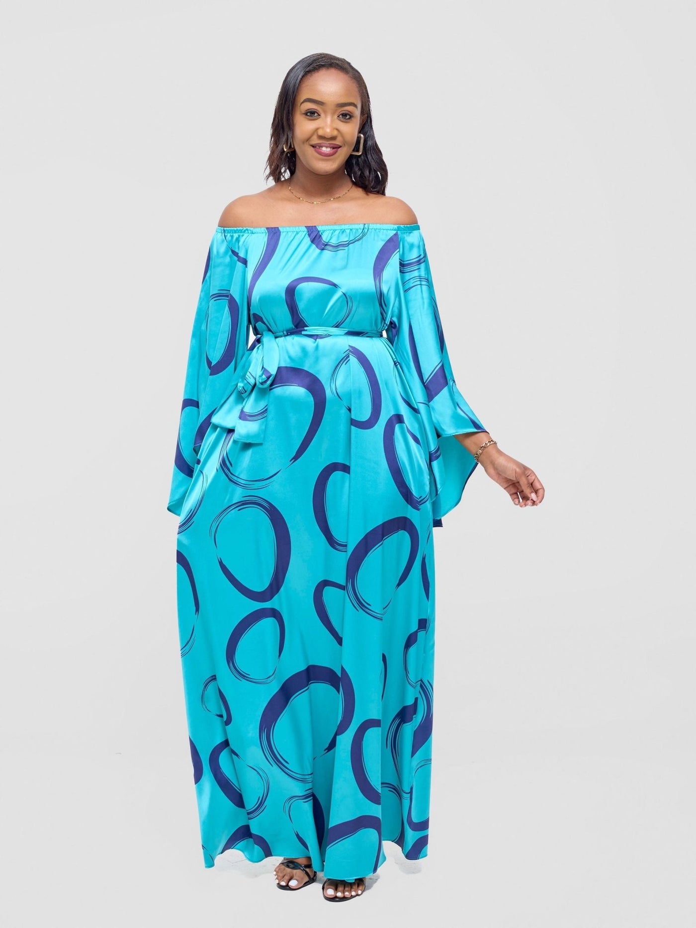 Vivo Chidii Off Shoulder Maxi Dress - Teal / Dark Navy Rema Print - Shopzetu