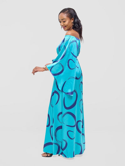 Vivo Chidii Off Shoulder Maxi Dress - Teal / Dark Navy Rema Print - Shopzetu