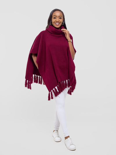 Vivo Turtleneck Knit Fringe Poncho - Raspberry - Shopzetu