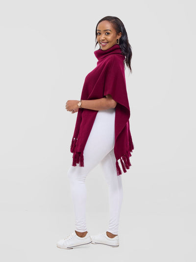 Vivo Turtleneck Knit Fringe Poncho - Raspberry - Shopzetu