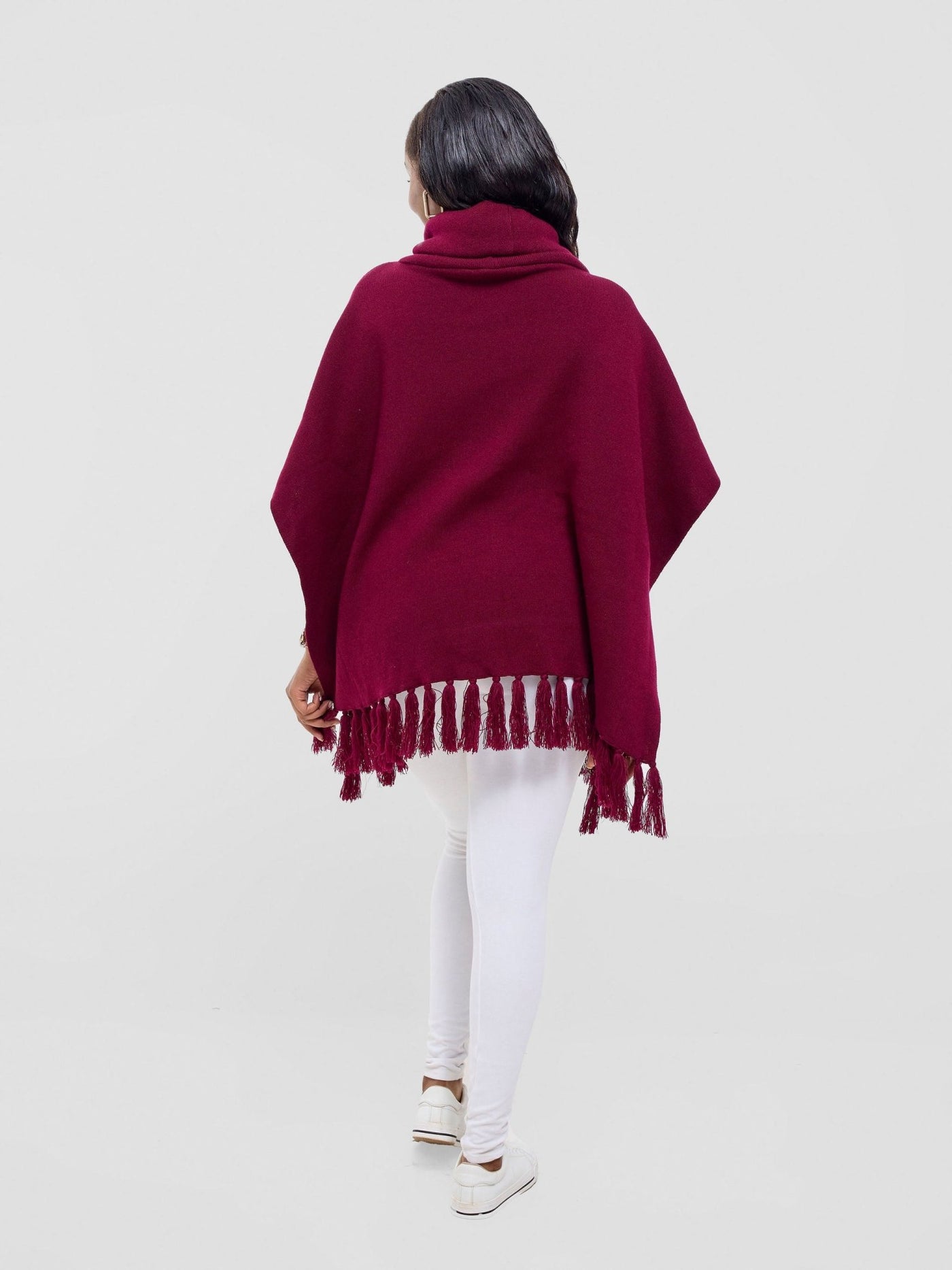 Vivo Turtleneck Knit Fringe Poncho - Raspberry - Shopzetu