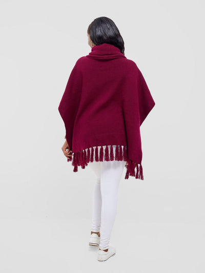 Vivo Turtleneck Knit Fringe Poncho - Raspberry - Shopzetu