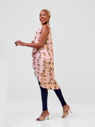 Vivo Mira V-Neck Overlap Top - Peach / Brown Fan Print - Shopzetu