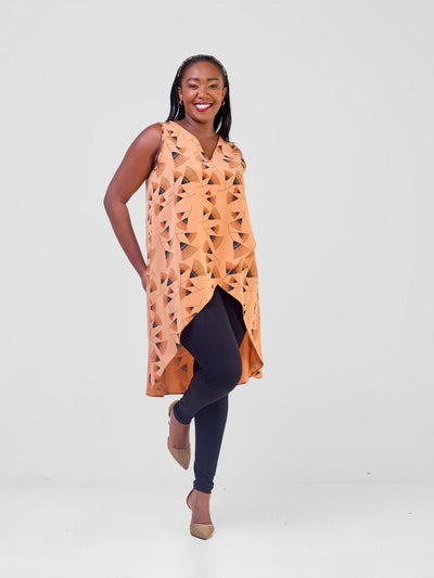 Vivo Mira V-Neck Overlap Top - Tan / Black Fan Print - Shopzetu