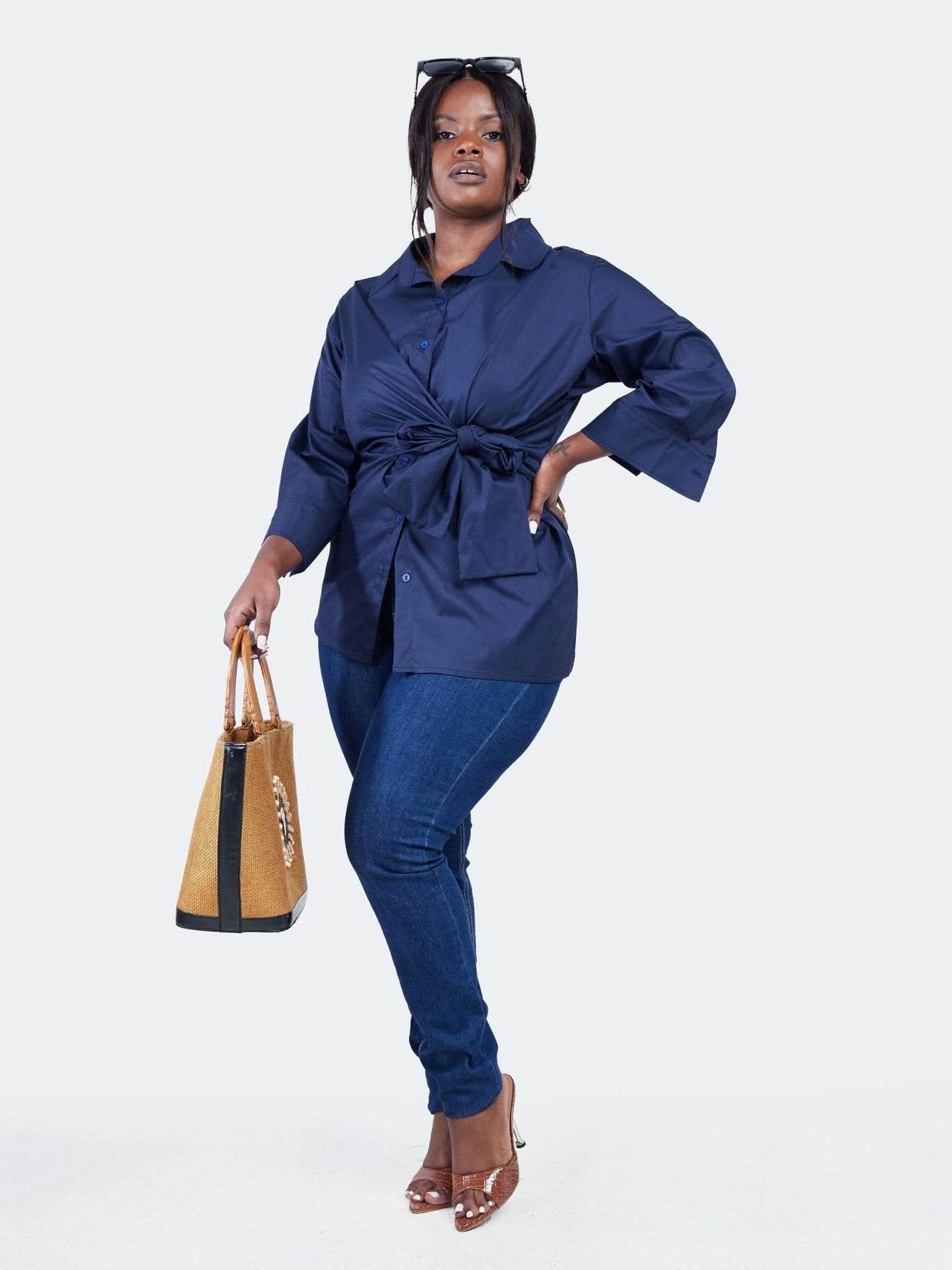 Safari Mali 3/4 Sleeve Tie Shirt - Navy Blue - Shopzetu
