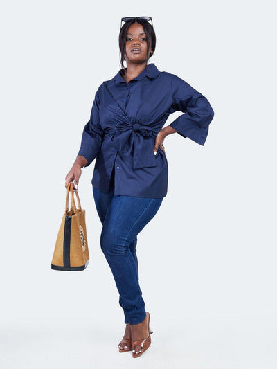 Safari Mali 3/4 Sleeve Tie Shirt - Navy Blue - Shopzetu