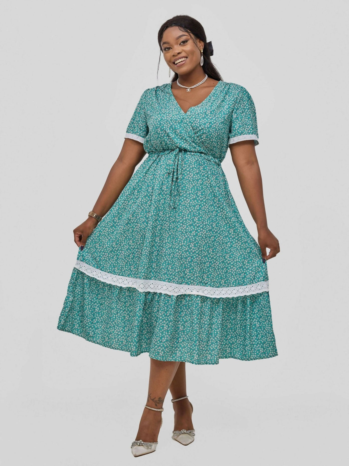 Hessed Wrap V - Neck Short Sleeve Floral With Belt Dress - Blue - Shopzetu