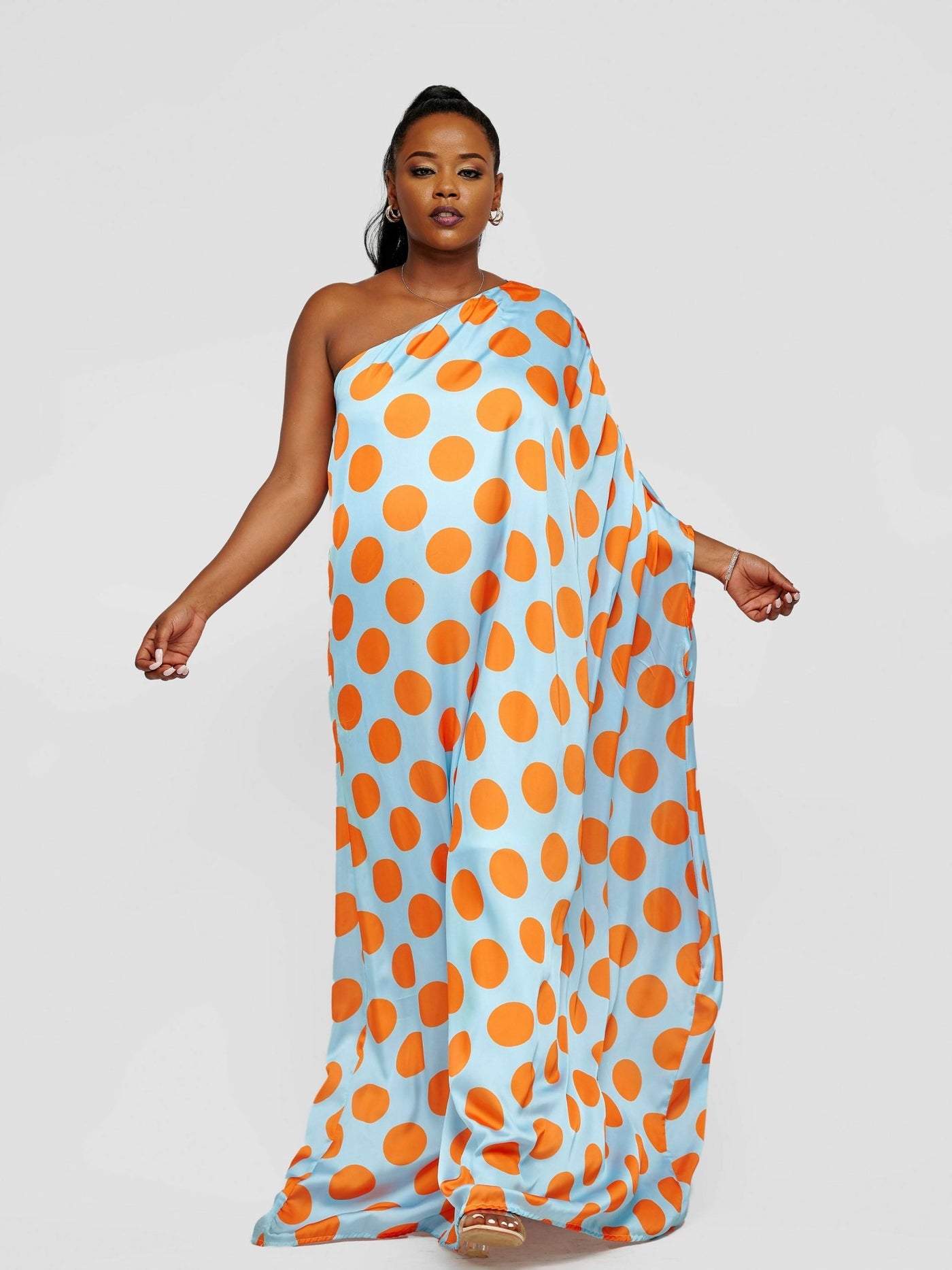 Tuli Nzilani One Shoulder Blue With Mustard Polka Dot Kaftan - Blue / Mustard - Shopzetu