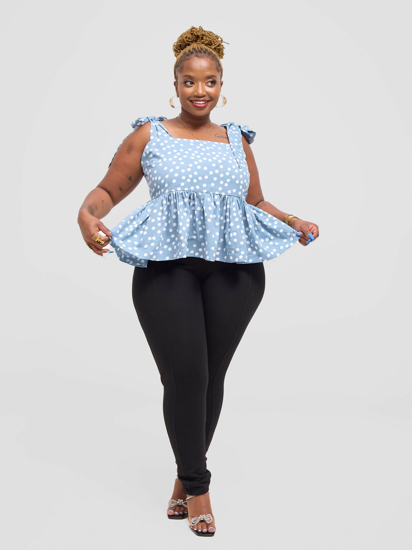Pure Buxom Polka Tie Strap Peplum Top - Blue - Shopzetu