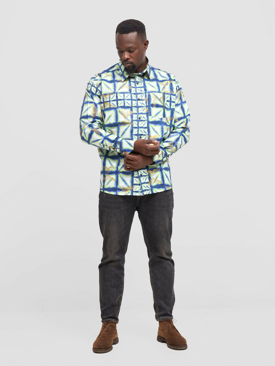 Mendilines Warm African Print Shirt - Green / Blue Print - Shopzetu