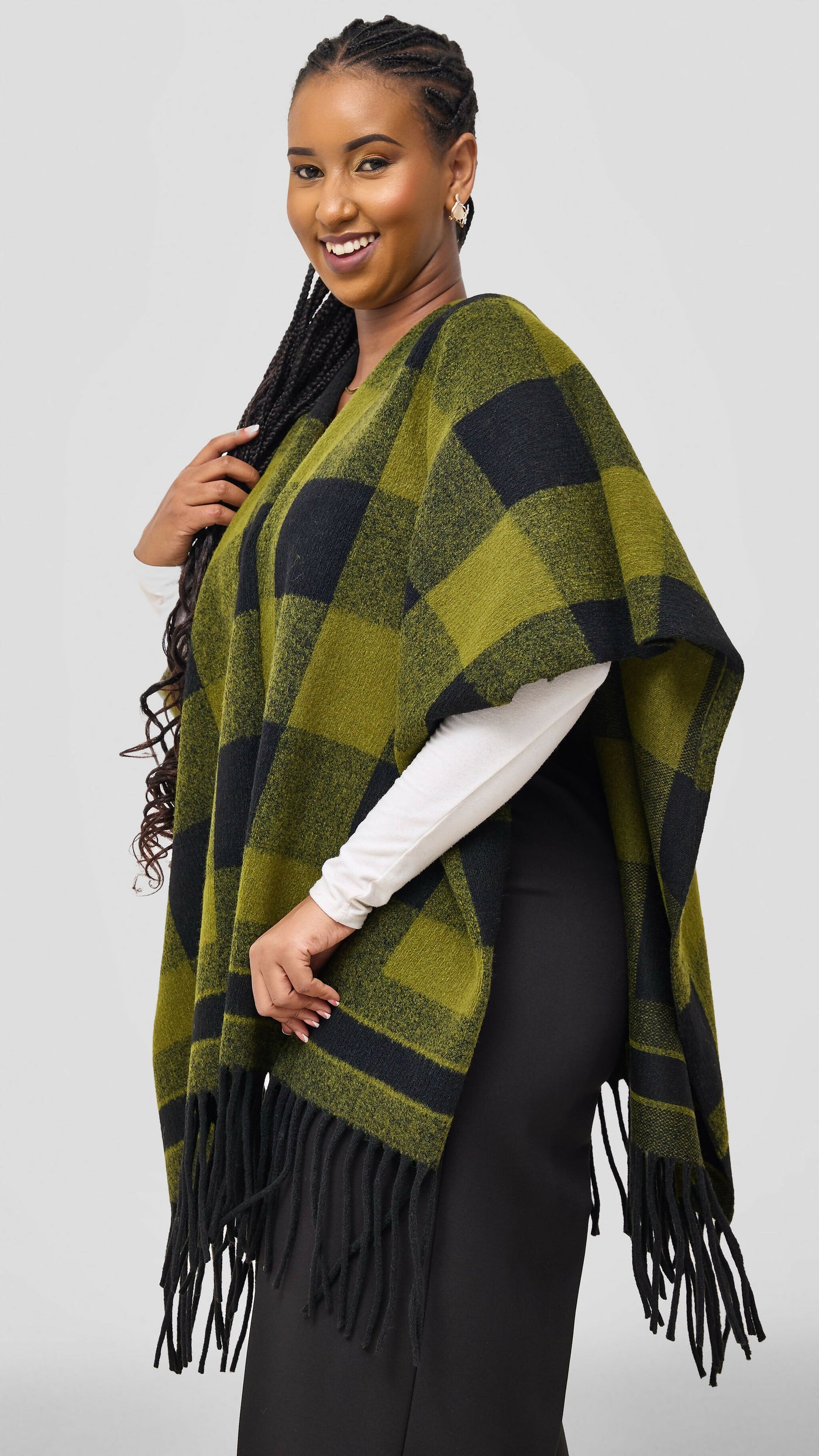 Afrodame Heavy Checked Poncho - Green