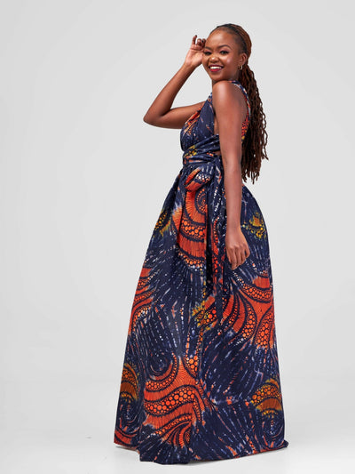 African Yuva Rembo Maxi Dress - Navy / Orange Swirl Kitenge - Shopzetu