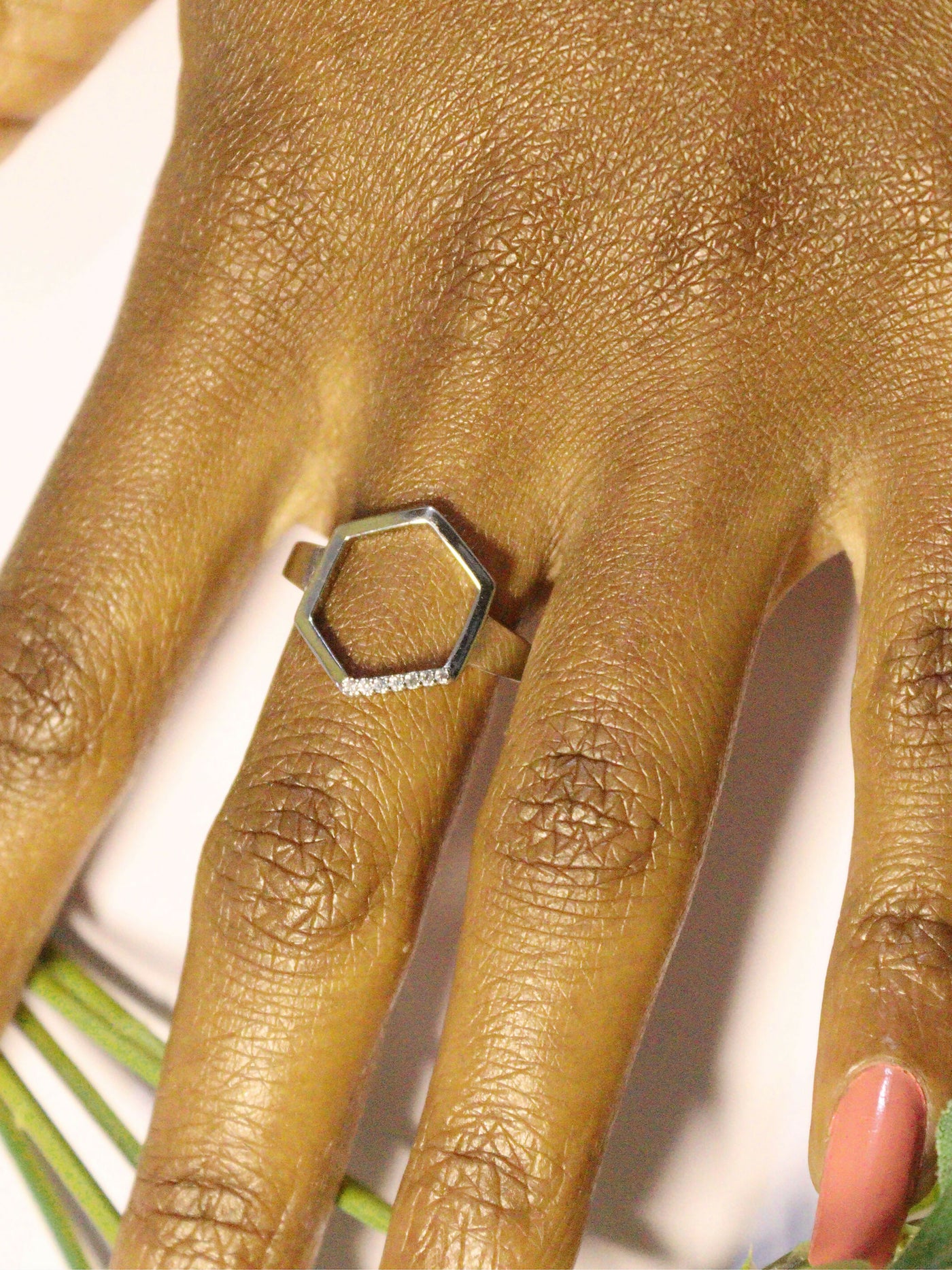 a woman wearing non tarnish, budget friendly 18k gold plated hexa ring