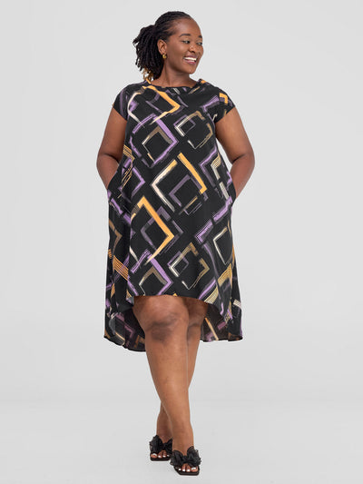 Vivo Jema High Low Tent Dress - Black / Purple Print