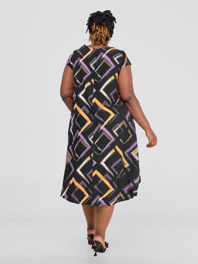 Vivo Jema High Low Tent Dress - Black / Purple Print