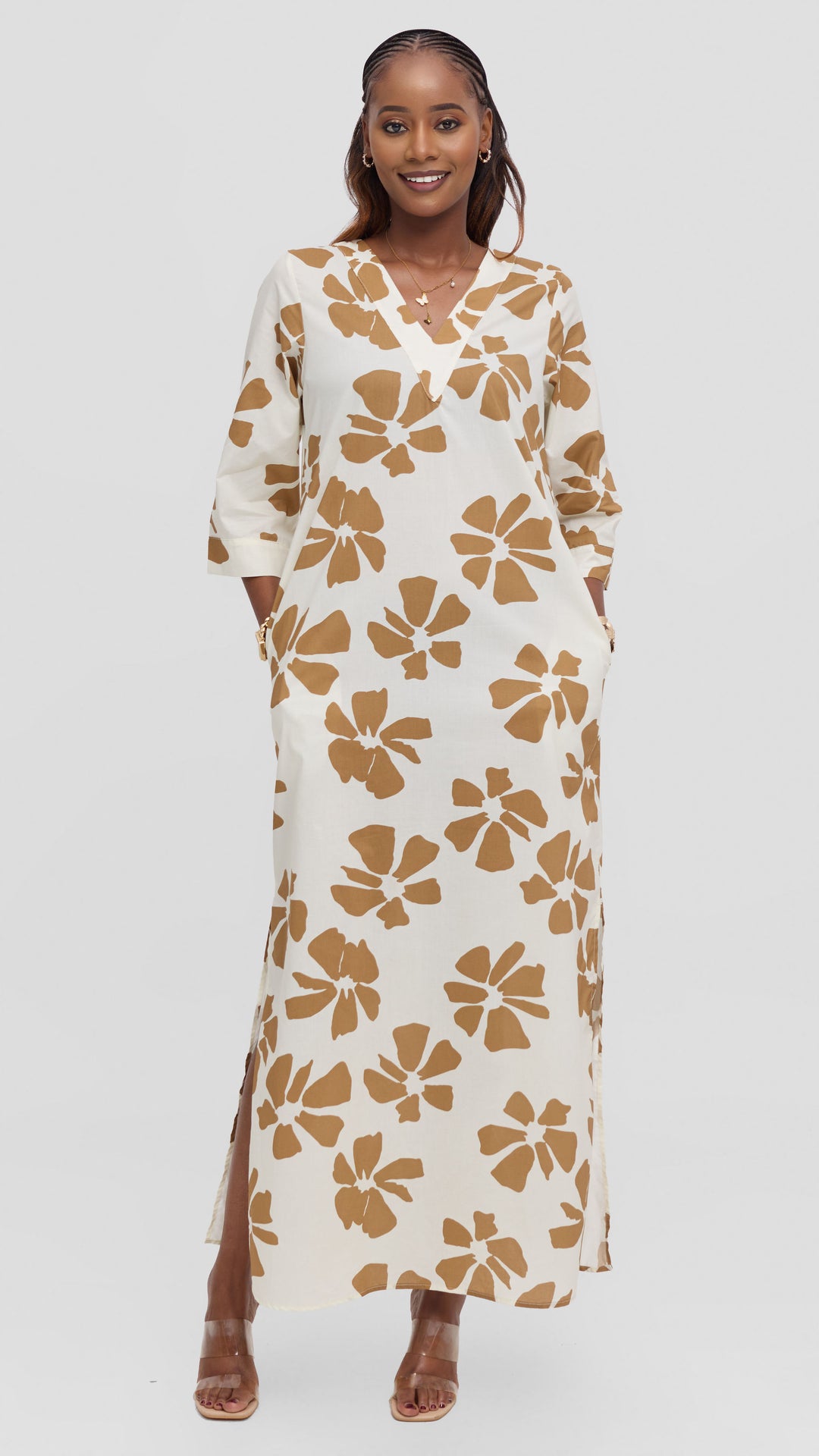 Vivo Lulu 3/4 Sleeve Cotton Maxi Kaftan in Cotton - Cream / Tan Print