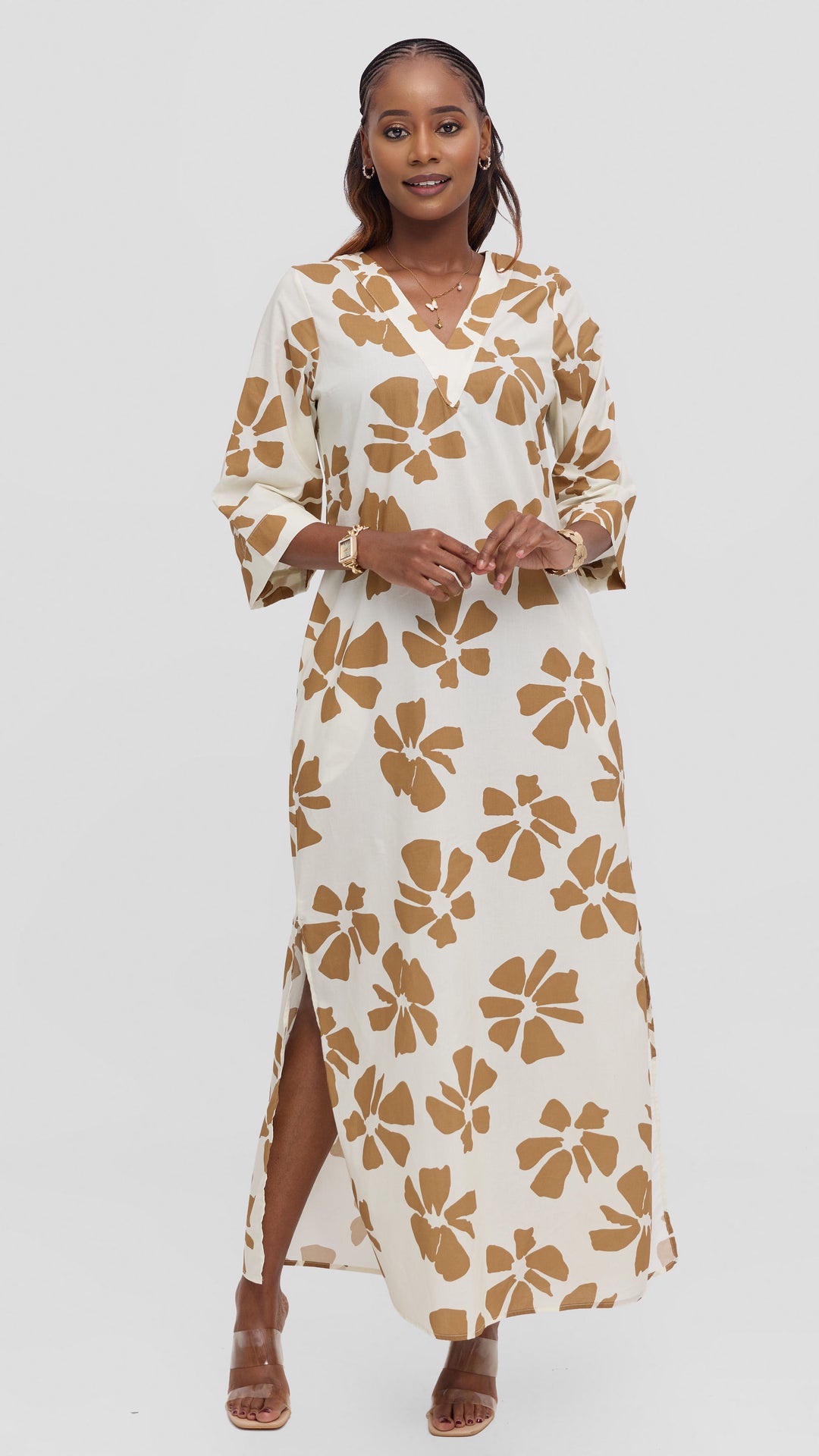 Vivo Lulu 3/4 Sleeve Cotton Maxi Kaftan in Cotton - Cream / Tan Print