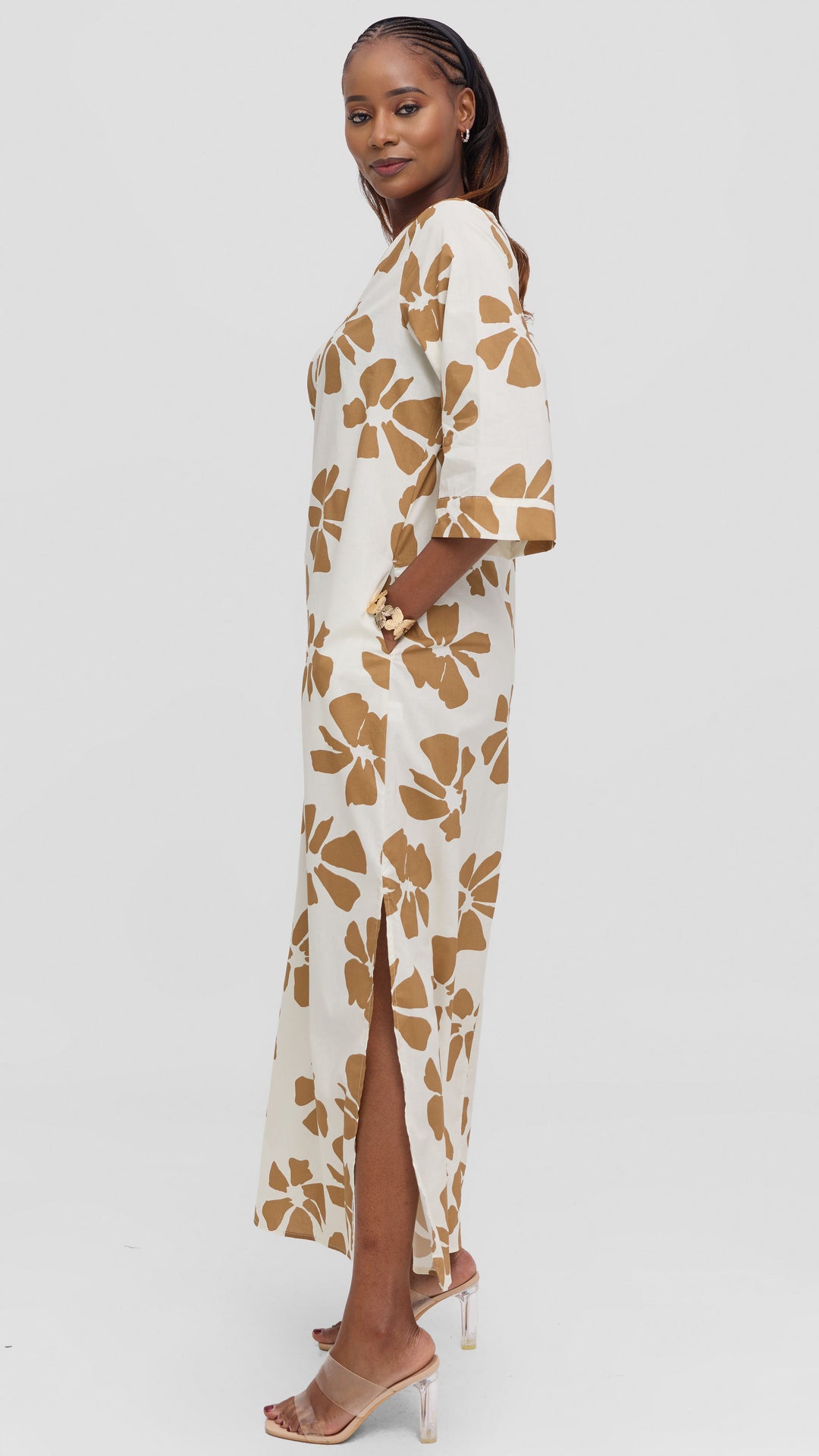 Vivo Lulu 3/4 Sleeve Cotton Maxi Kaftan in Cotton - Cream / Tan Print