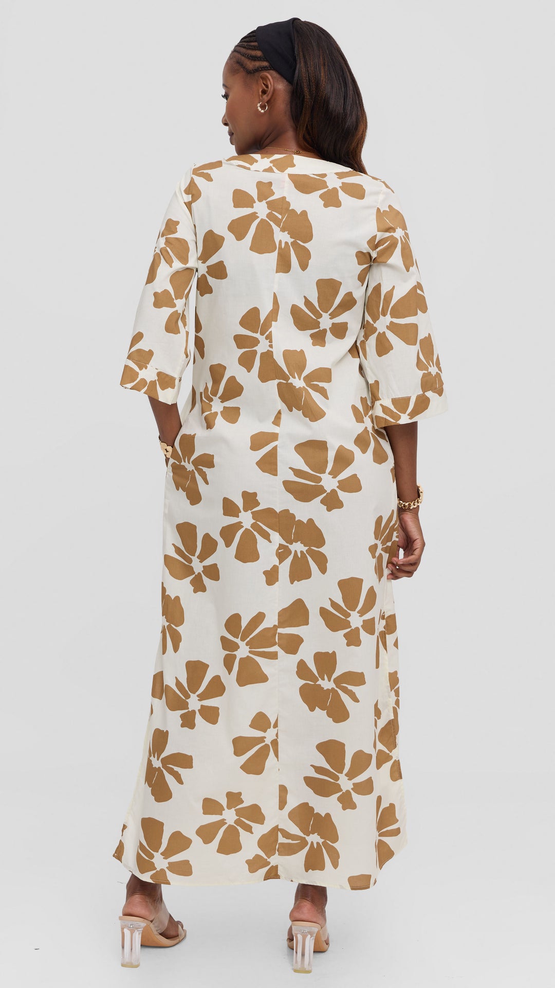 Vivo Lulu 3/4 Sleeve Cotton Maxi Kaftan in Cotton - Cream / Tan Print