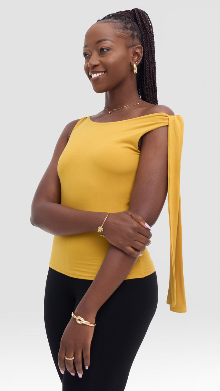 Vivo Studio Shoulder Tie Top in Jersey - Mustard